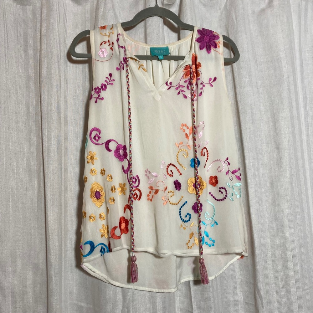 Taj by Sabrina Crippa Silk Embroidered Floral Tassel Blouse Cream Small Boho